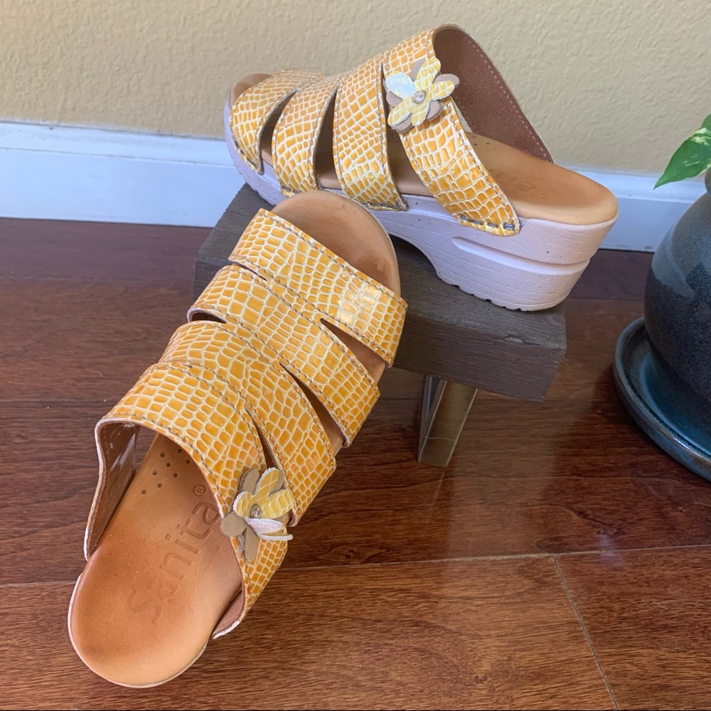 Adorable yellow wedge sandals by Sanita